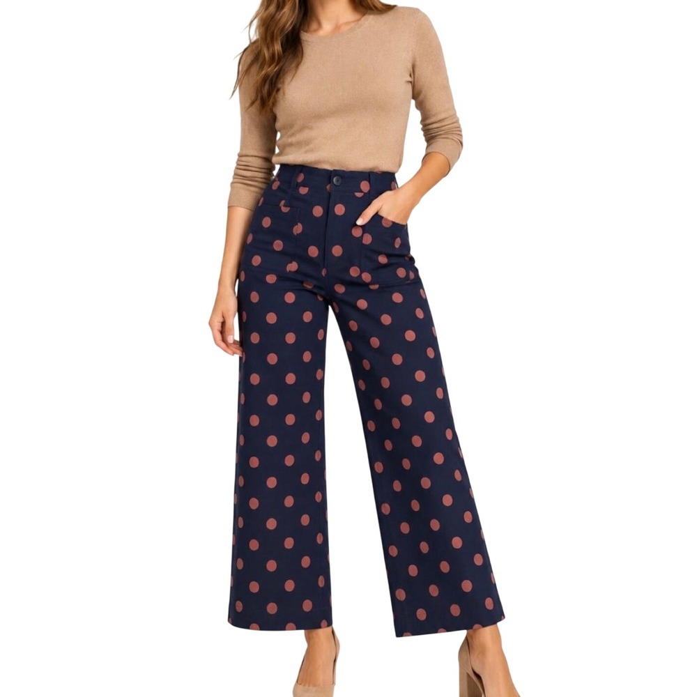 NWT Maeve Anthropologie The Colette Polka Dot Wide Leg Pants Navy Coral 31
